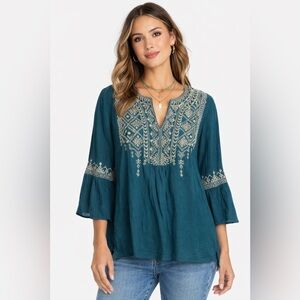 New Johnny Was Megan Flare Sleeve Embroidered Blouse